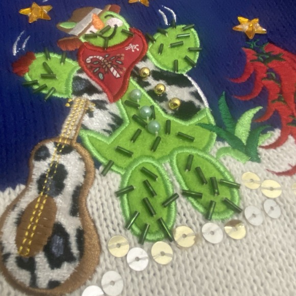 CRYSTAL KOBE WOMANS Sz S BLUE KNIT SWEATER CARDIGAN CHRISTMAS CACTUS - Picture 7 of 8
